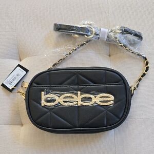 NWT - Bebe Zaza Camera Crossbody Quilted Bag with Gold Logo and Chain